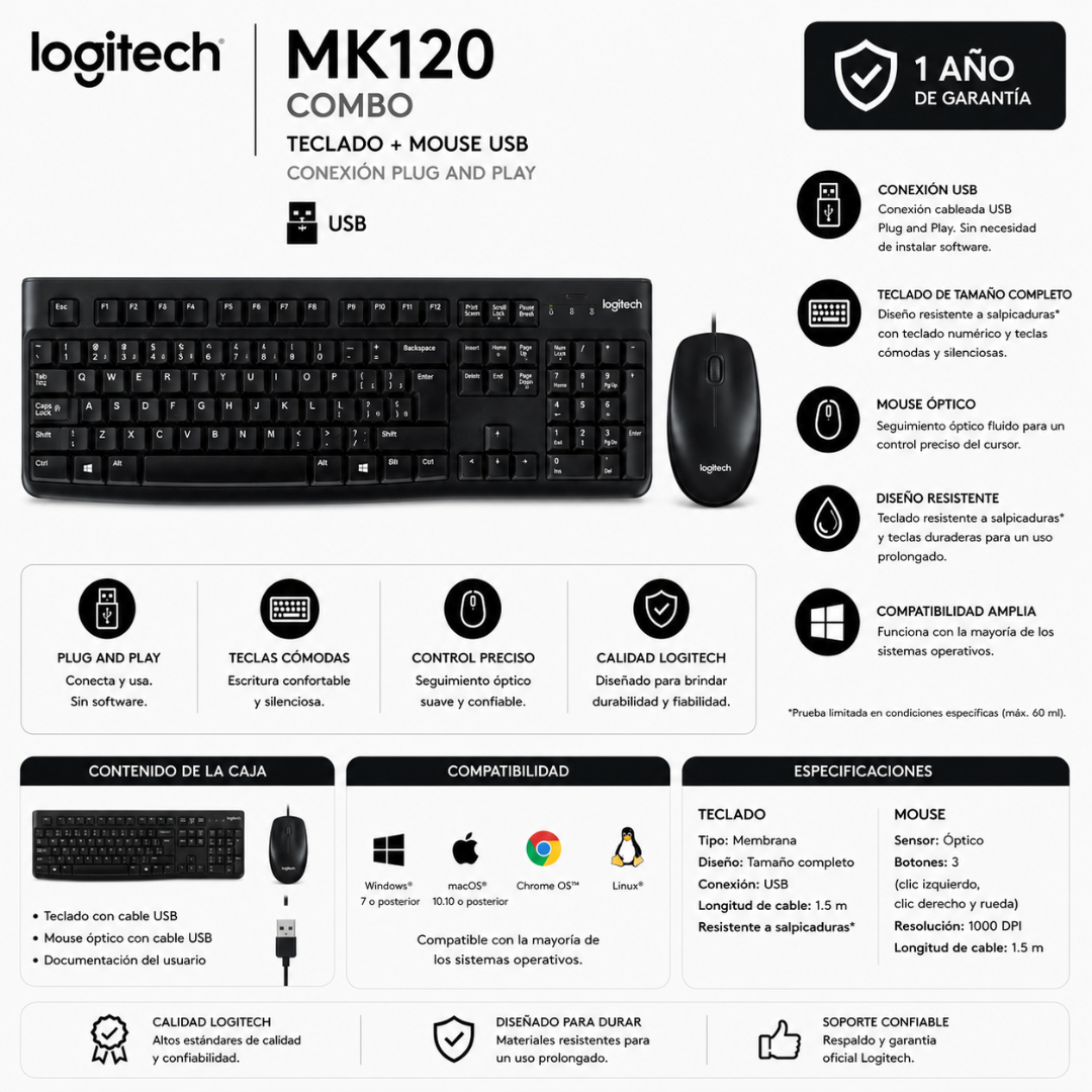 TECLADO + MOUSE LOGITECH MK120 - USB - Mervalika Servicios Informaticos