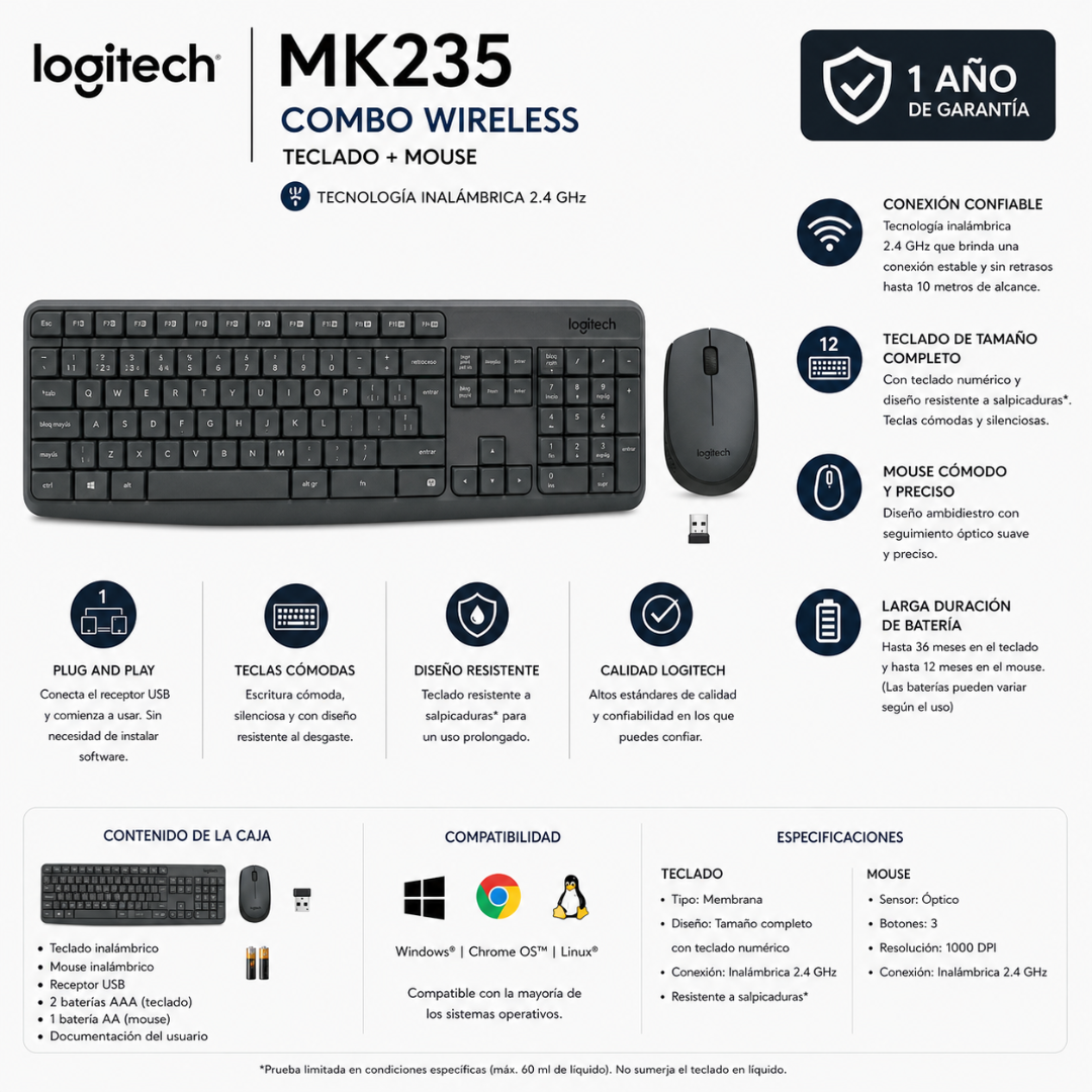 TECLADO + MOUSE LOGITECH MK235 - WIRELESS - Mervalika Servicios Informaticos