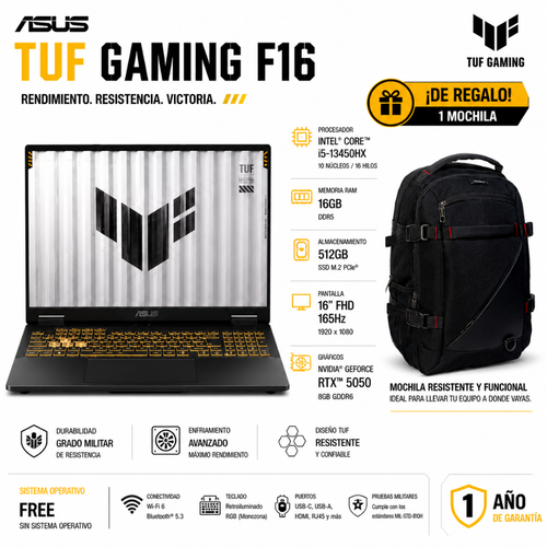 LAPTOP ASUS TUF F16 – INTEL CORE I5-13450HX | 16GB RAM | 512GB SSD | 16" FHD+ 165HZ | RTX 5050 8GB - Mervalika Servicios Informaticos