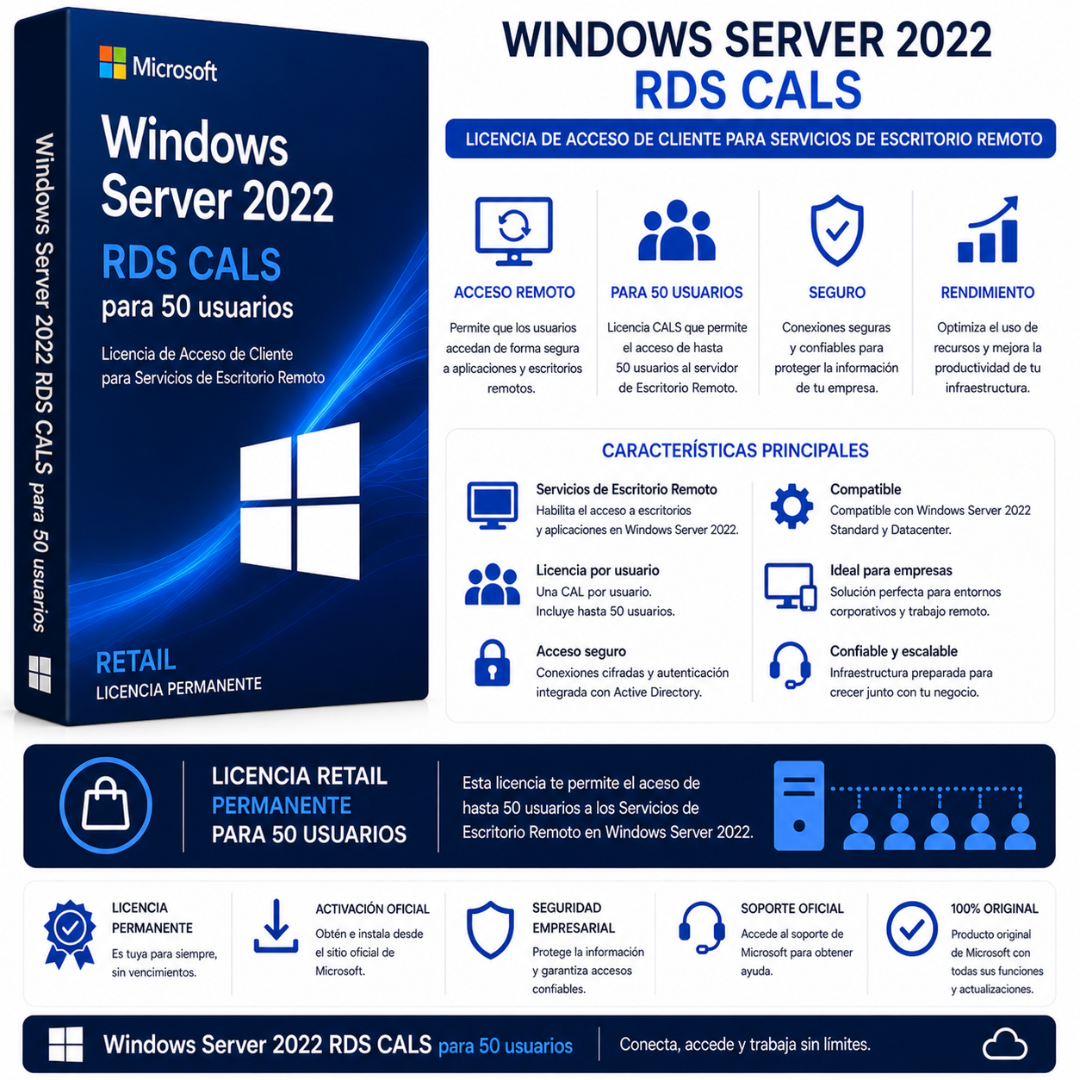 WINDOWS SERVER 2022 RDS CALS [50 USUARIOS] - Mervalika Servicios Informaticos