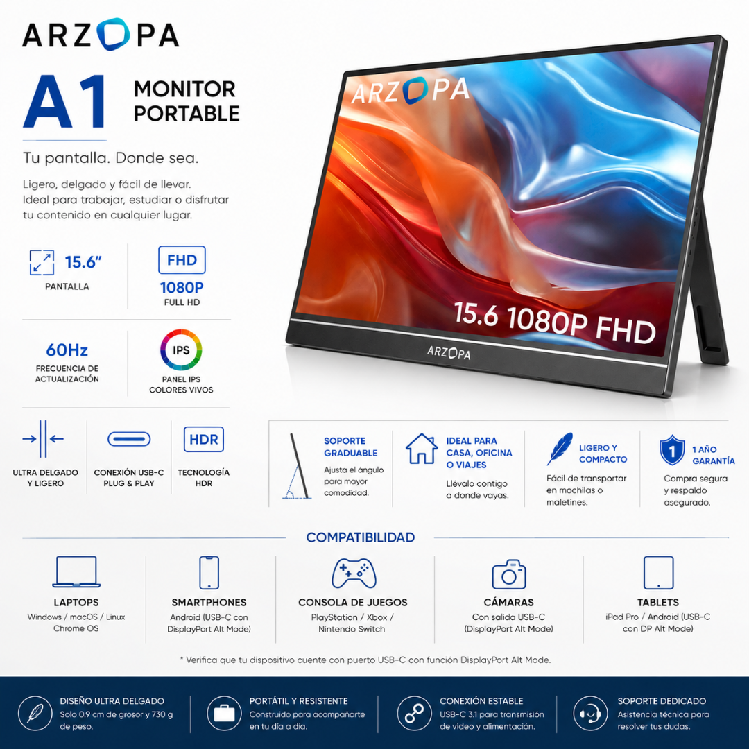 MONITOR PORTABLE ARZOPA A1 15.6" FHD 60Hz - Mervalika Servicios Informaticos