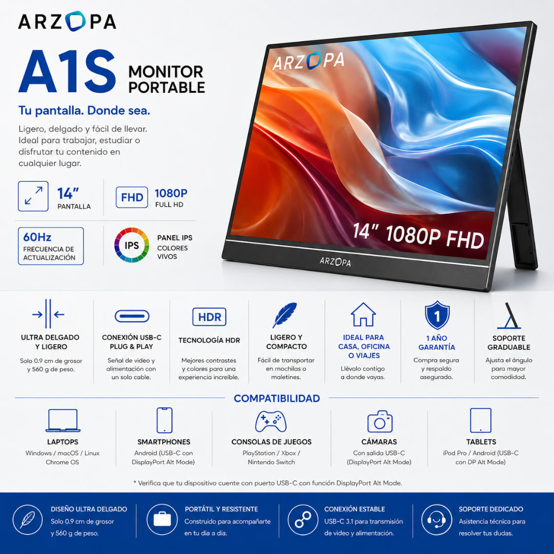 MONITOR PORTABLE ARZOPA A1S 14" FHD 60Hz - Mervalika Servicios Informaticos