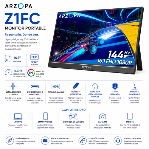 MONITOR PORTABLE ARZOPA Z1FC 16.1" FHD 144Hz - Mervalika Servicios Informaticos