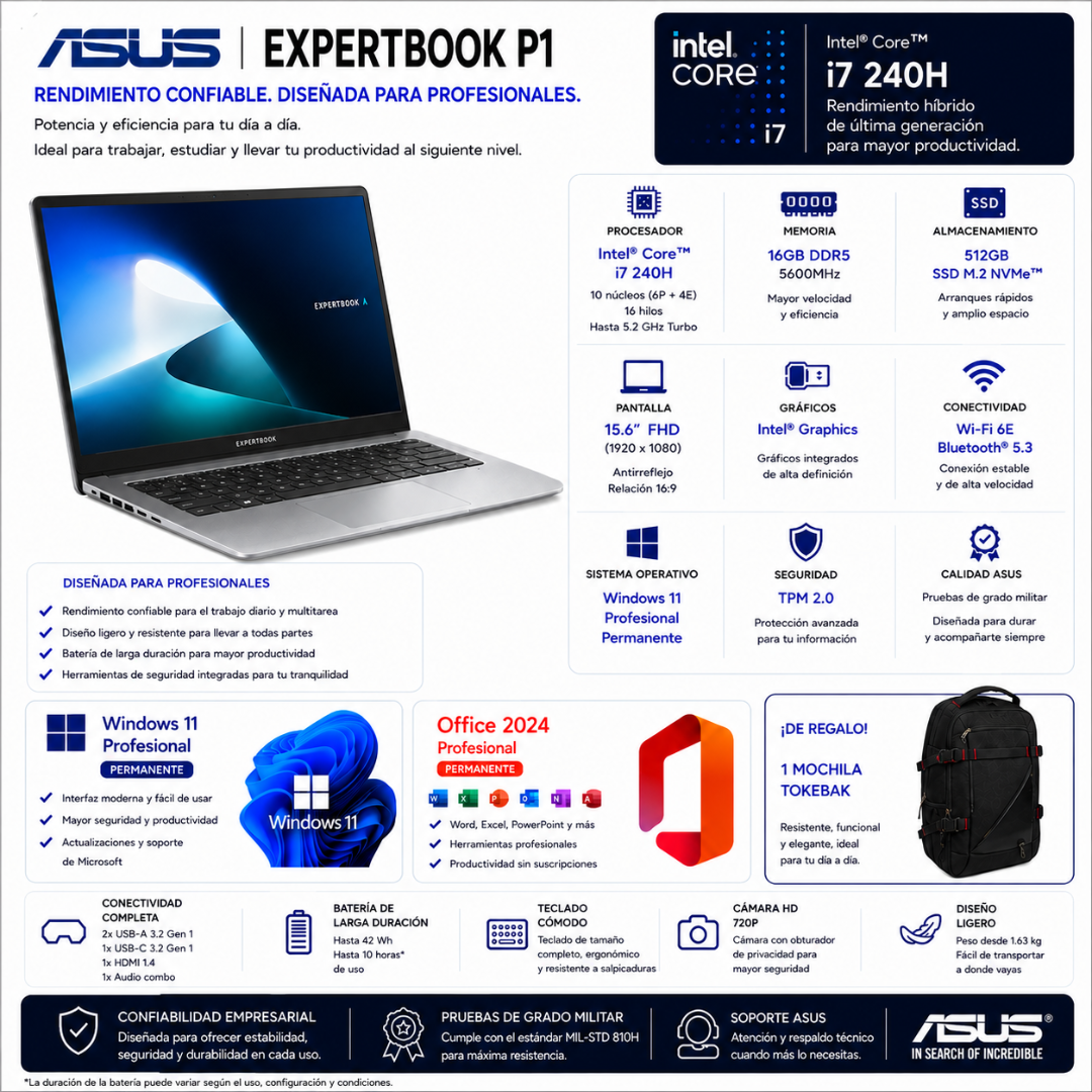 LAPTOP ASUS EXPERTBOO P1 - INTEL CORE I7-240H | 16 GB RAM | 512GB SSD | 15.6" FHD