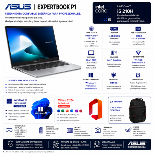 LAPTOP ASUS EXPERTBOO P1 - INTEL CORE I5-210H | 16 GB RAM | 512GB SSD | 15.6" FHD
