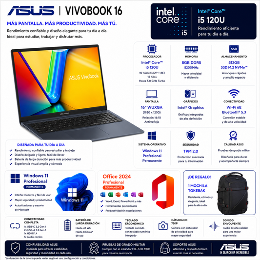 LAPTOP ASUS VIVOBOOK 16 – INTEL CORE I5-120U | 8GB RAM | 512GB SSD | 16" WUXGA - Mervalika Servicios Informaticos