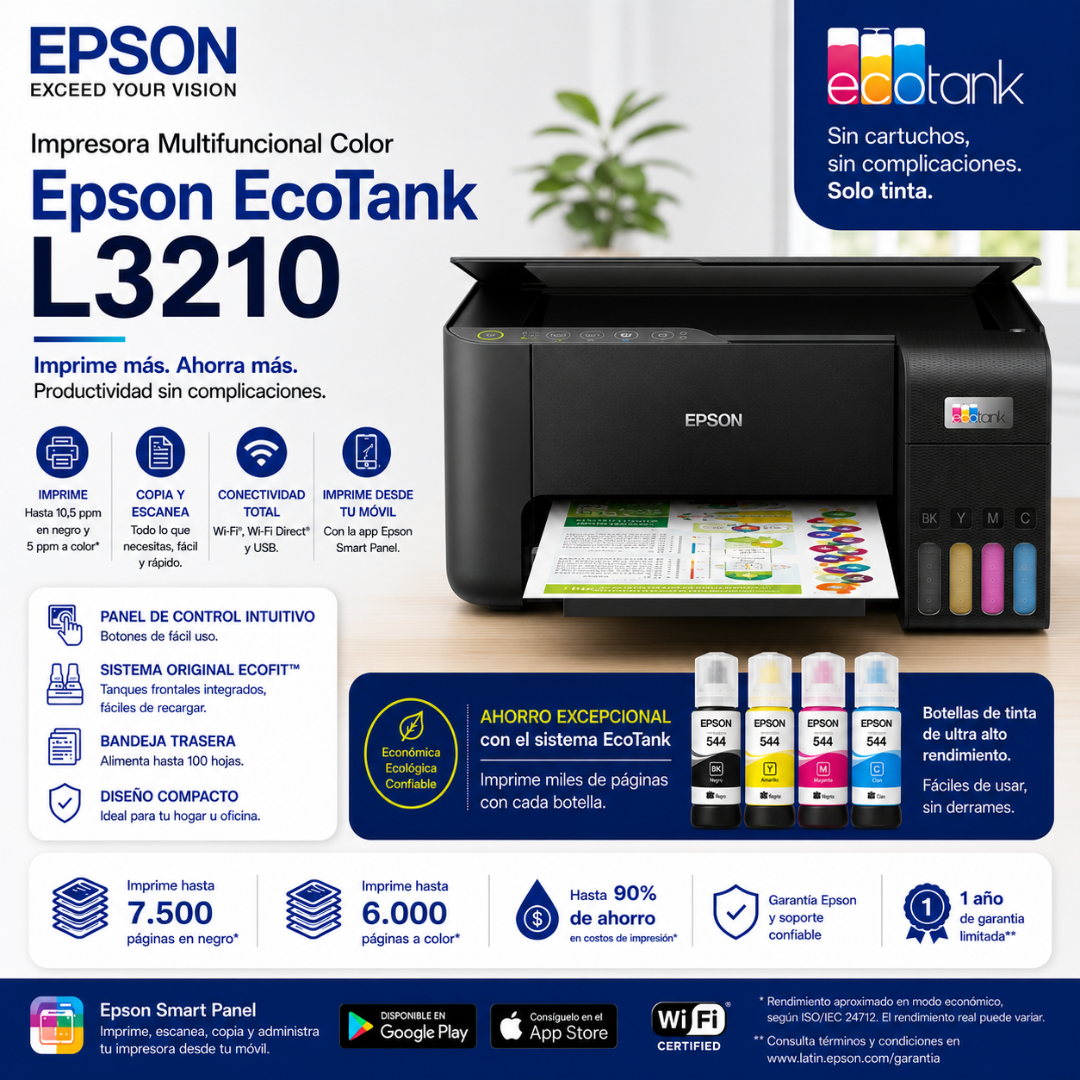 EPSON MULTIFUNCIONAL ECOTANK L3210 - USB - Mervalika Servicios Informaticos