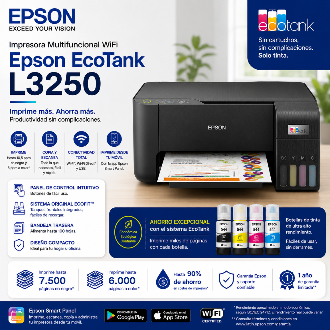 EPSON MULTIFUNCIONAL ECOTANK L3250 - USB | WIFI - Mervalika Servicios Informaticos
