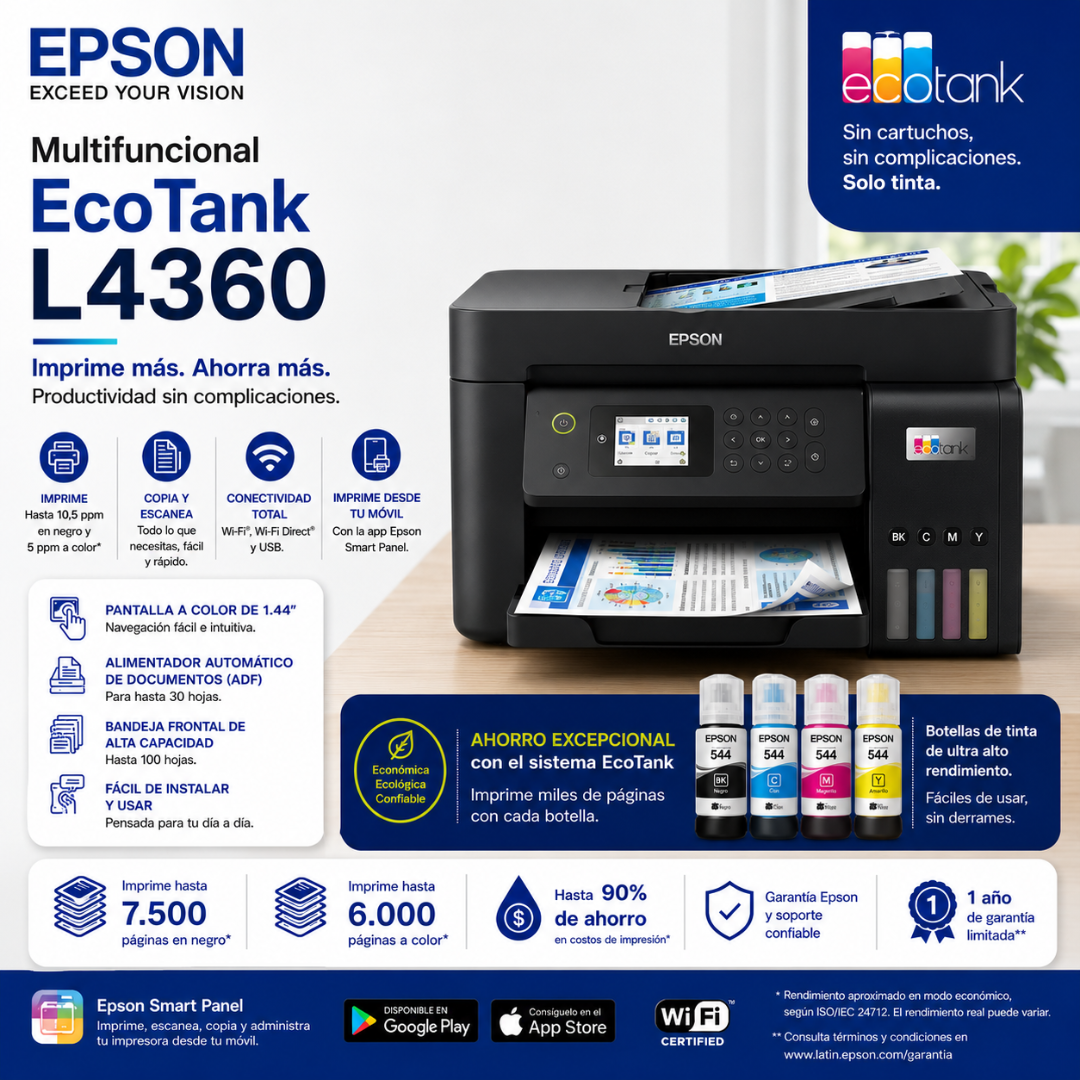 EPSON MULTIFUNCIONAL ECOTANK L4360 - DUPLEX | WIFI | USB - Mervalika Servicios Informaticos