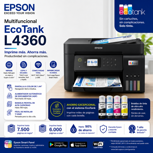 EPSON MULTIFUNCIONAL ECOTANK L4360 - DUPLEX | WIFI | USB - Mervalika Servicios Informaticos