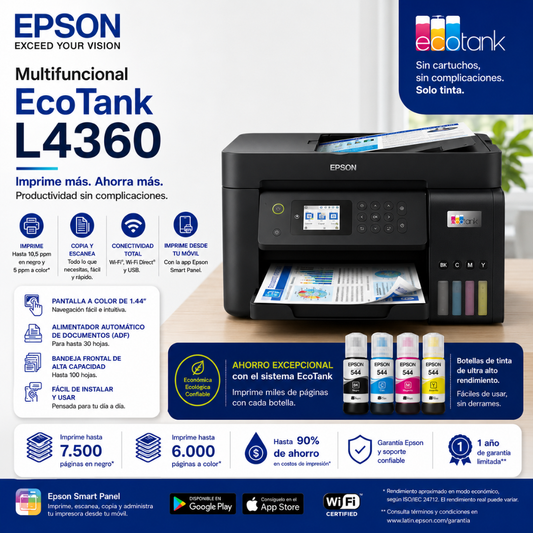 EPSON MULTIFUNCIONAL ECOTANK L4360 - DUPLEX | WIFI | USB - Mervalika Servicios Informaticos
