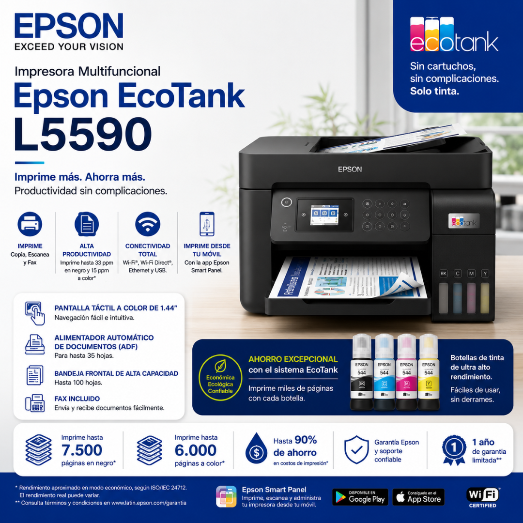 EPSON MULTIFUNCIONAL ECOTANK L5590 - ADF | LAN | WIFI | USB - Mervalika Servicios Informaticos