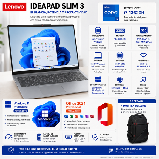 LAPTOP LENOVO IDEA PAD SLIM 3 – INTEL CORE I7-13620H | 16GB RAM | 512GB o 1TB SSD M.2| 15.3" WUXGA - Mervalika Servicios Informaticos