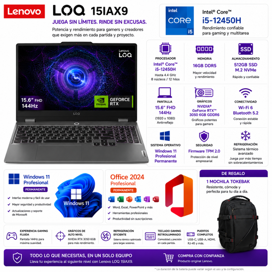 LAPTOP LENOVO LOQ 15IAX9  – INTEL CORE I5-12450H | 16GB RAM | 512GB SSD | 15.6" FHD 144HZ | NVIDIA RTX 3050 6GB - Mervalika Servicios Informaticos