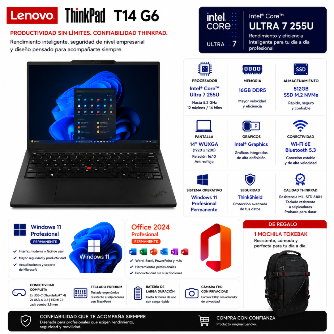 LAPTOP LENOVO THINKPAD T14 G6 – INTEL ULTRA 7-255U | 16GB RAM | 512GB SSD | 14" WUXGA