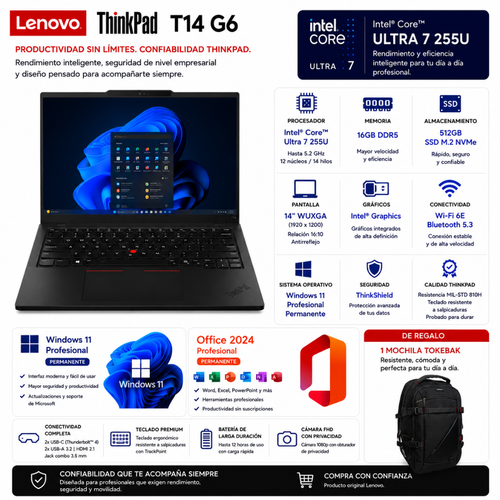 LAPTOP LENOVO THINKPAD T14 G6 – INTEL ULTRA 7-255U | 16GB RAM | 512GB SSD | 14" WUXGA