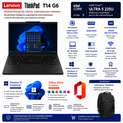 LAPTOP LENOVO THINKPAD T14 G6 – INTEL ULTRA 5-225U | 16GB RAM | 512GB SSD | 14" WUXGA - Mervalika Servicios Informaticos