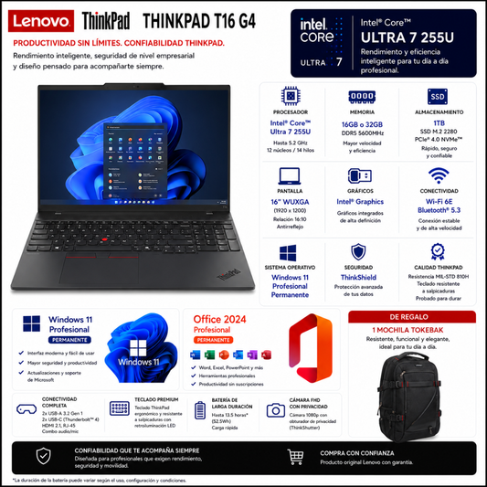 LAPTOP LENOVO THINKPAD T16 G4 – INTEL ULTRA 7-255U | 16GB O 32GB RAM | 1TB SSD | 16" WUXGA