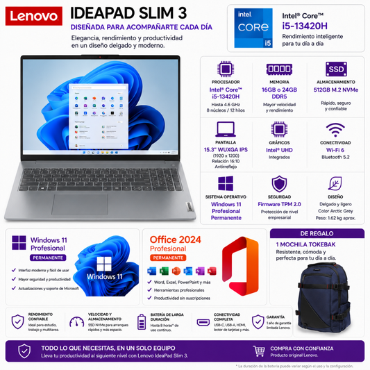 LAPTOP LENOVO IDEA PAD SLIM 3 – INTEL CORE I5-13420H | 16 o 24 GB RAM | 512GB SSD | 15.3" WUXGA - Mervalika Servicios Informaticos