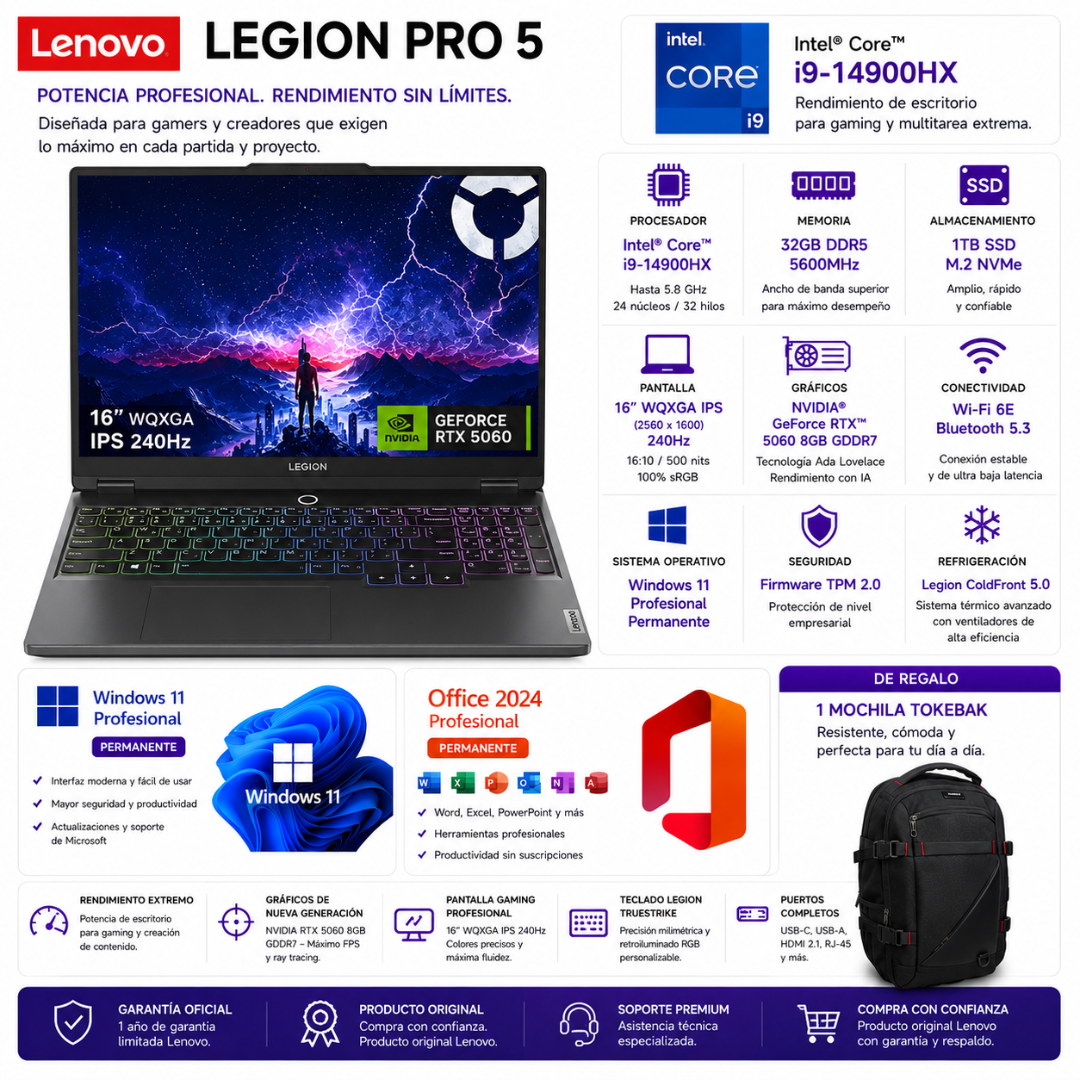 LAPTOP LENOVO LEGION PRO 5 – INTEL CORE I9-14900HX | 32GB RAM | 1TB SSD | 16" WQXGA IPS | RTX 5060 8GB