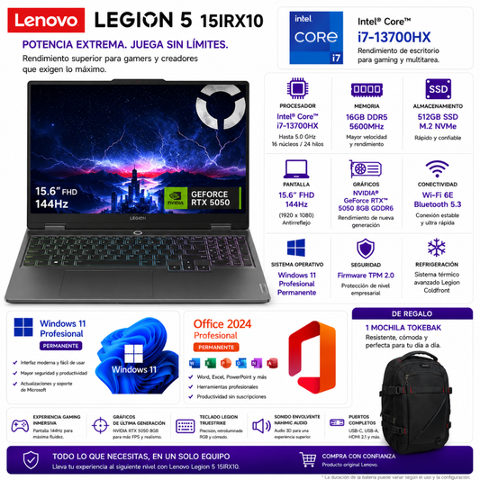 LAPTOP LENOVO LOQ 15IRX10  – INTEL CORE I7-13700HX | 16GB RAM | 512GB SSD | 15.6" FHD 144HZ | RTX 5050 8GB - Mervalika Servicios Informaticos