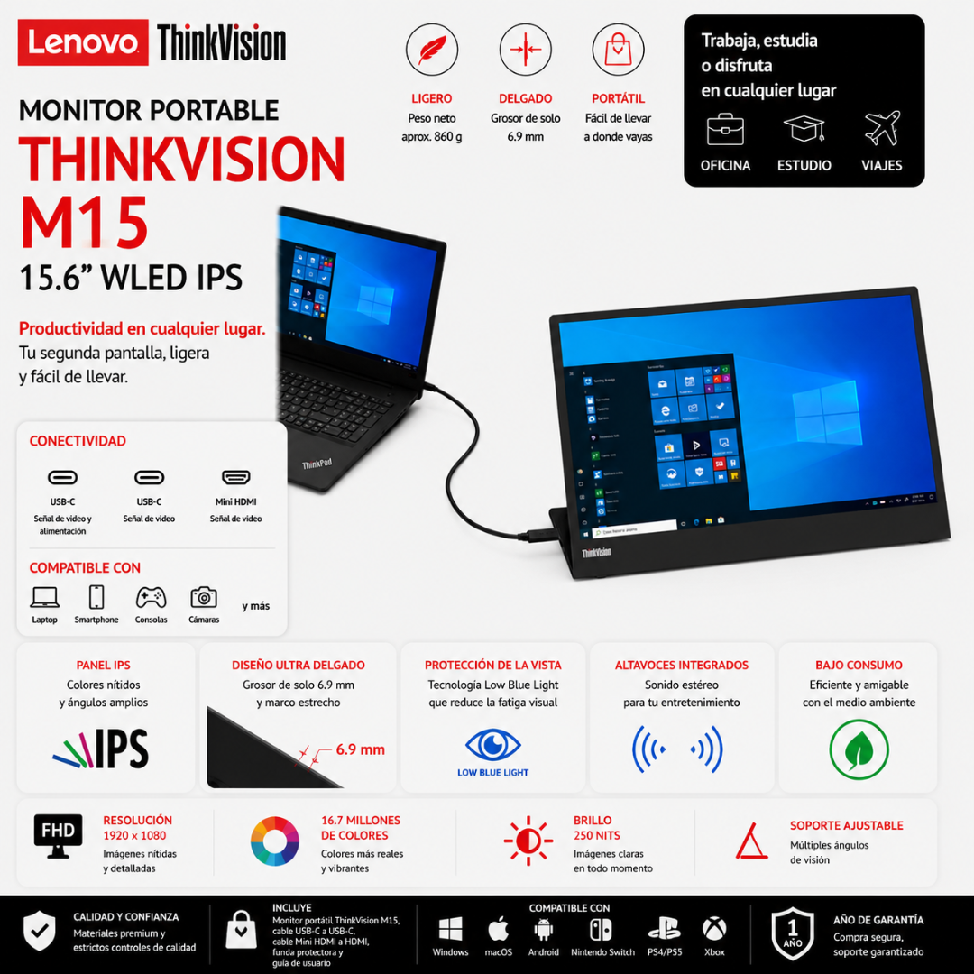 MONITOR PORTABLE LENOVO M15 15.6" WLED IPS - Mervalika Servicios Informaticos