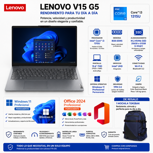 LAPTOP LENOVO V15 G5 – INTEL CORE I3-1315U | 8GB RAM | 256GB/512GB SSD | 15.6" FHD - Mervalika Servicios Informaticos