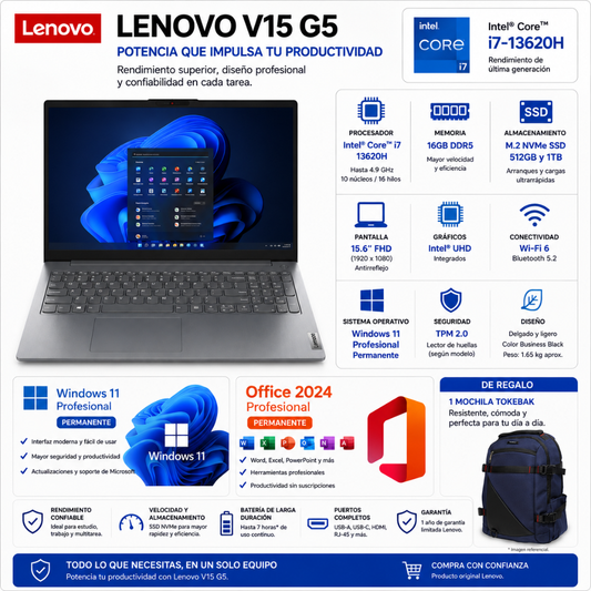 LAPTOP LENOVO V15 G5 – INTEL CORE I7-13620H | 16GB RAM |  512GB / 1TB M.2 | 15.6" FHD - Mervalika Servicios Informaticos