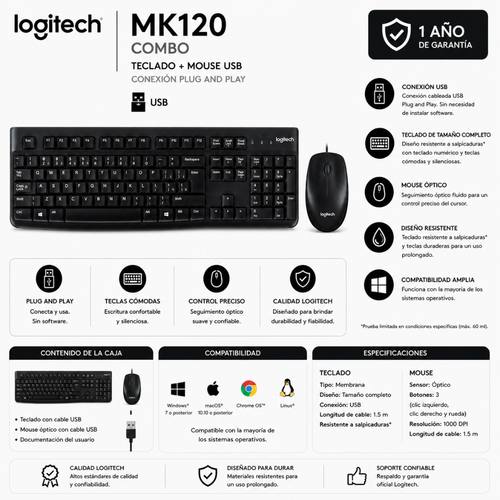 TECLADO + MOUSE LOGITECH MK120 - USB - Mervalika Servicios Informaticos
