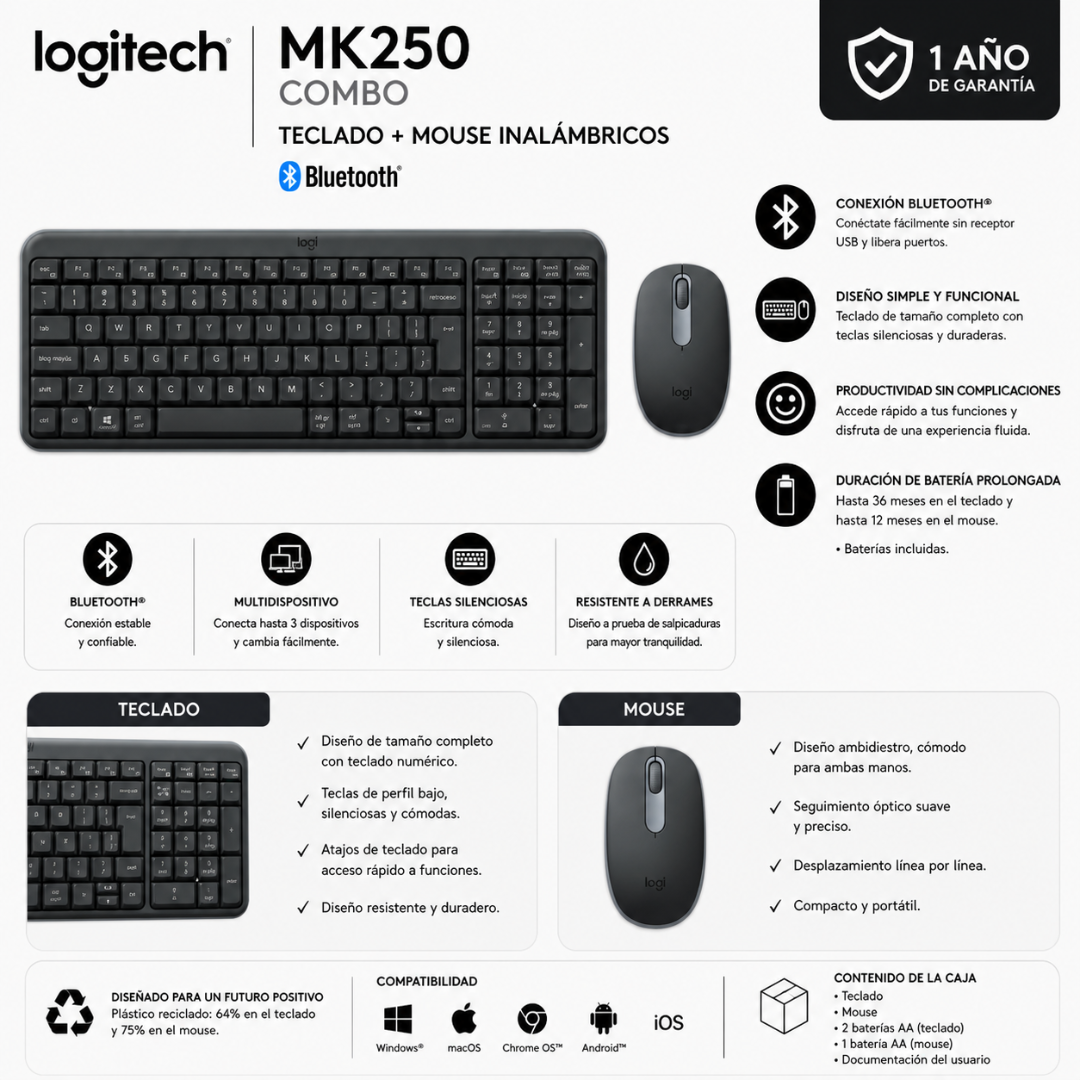 TECLADO + MOUSE LOGITECH MK250 - BLUETOOTH - Mervalika Servicios Informaticos