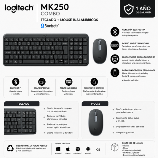 TECLADO + MOUSE LOGITECH MK250 - BLUETOOTH - Mervalika Servicios Informaticos