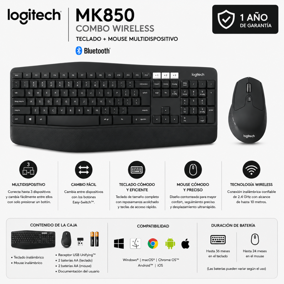 TECLADO + MOUSE LOGITECH MK850 - WIRELESSS / MULTIDISPOSITIVO - Mervalika Servicios Informaticos