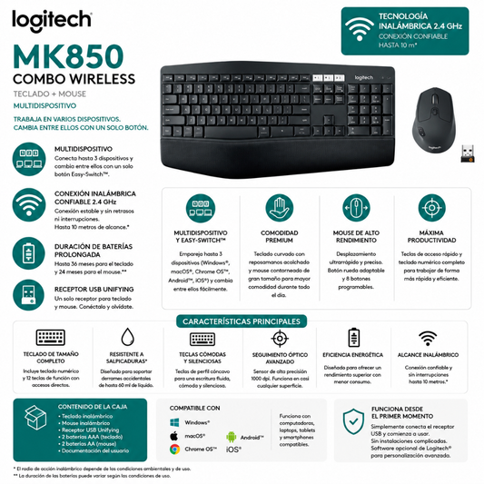 TECLADO + MOUSE LOGITECH MK850 - WIRELESSS / MULTIDISPOSITIVO - Mervalika Servicios Informaticos