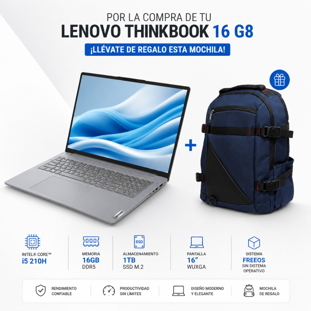 LAPTOP LENOVO THINKBOOK 16 G8 – INTEL CORE I5-210H | 16GB RAM | 512GB/ 1TB SSD M.2 | 16" WUXGA - Mervalika Servicios Informaticos