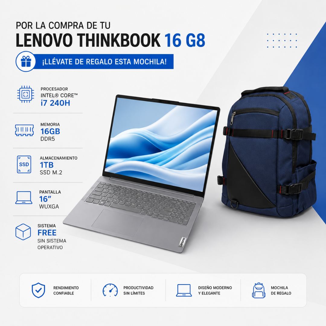 LAPTOP LENOVO THINKBOOK 16 G8 – INTEL CORE I7-240H | 16GB RAM | 1TB SSD | 16" WUXGA - Mervalika Servicios Informaticos